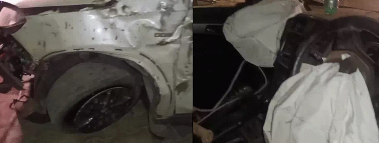 हादसे में गाड़ी बुरी तरह क्षतिग्रस्त, एयरबैग भी खुले।