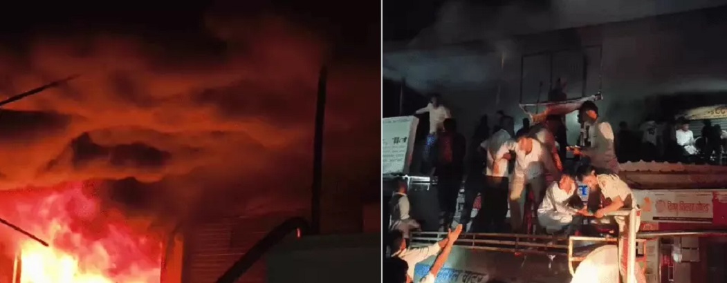 भीषण आग से उठते धुएं के गुब्बार और लाइब्रेरी से बच्चों को रेस्क्यू करते हुए।