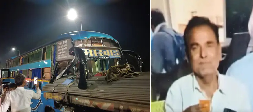 ट्राले में घुसी बस और मृतक ड्राइवर।