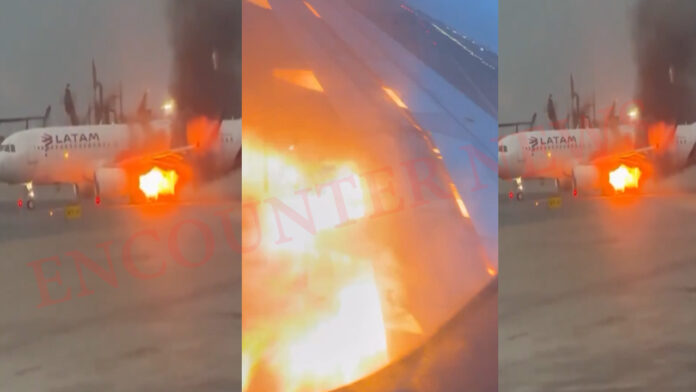 International Airport पर टेकऑफ से पहले फ्लाइट के इंजन में लगी आग, देखें वीडियो