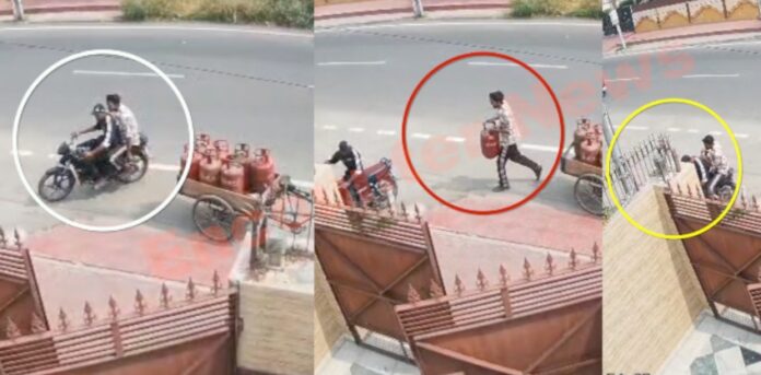 दिन दहाड़े सेल्समैन की रेहड़ी से सिलेंडर लेकर चोर फरार, देखें वीडियो