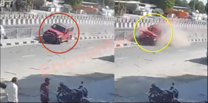 Highway पर Thar फटा टायर, एंगल तोड़ते 50 मीटर दूर डिवाइडर पर चढ़ी गाड़ी, देखें वीडियो